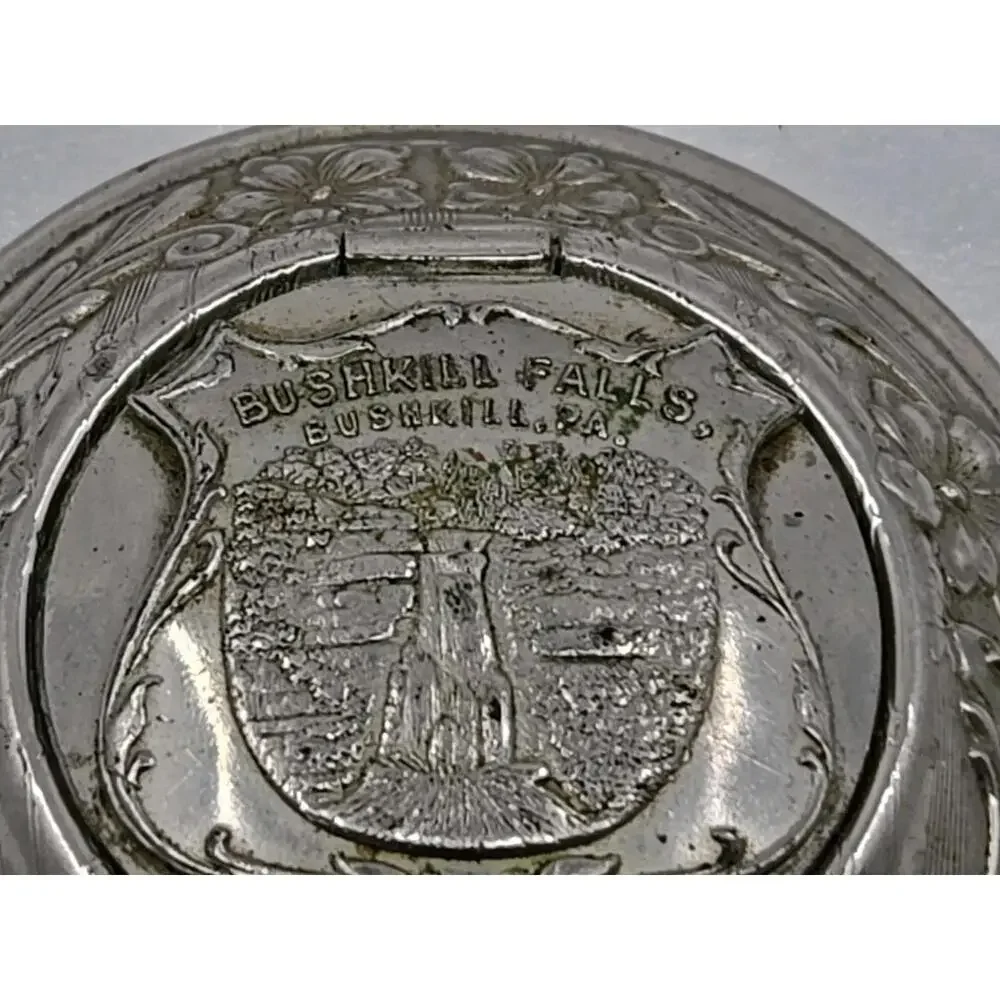 Vtg Bushkill Falls Handheld Mirror Silver Tone w/Small Hidden Back Compartment